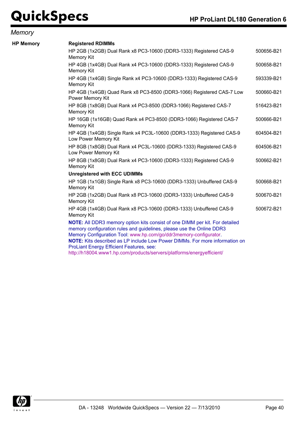 Quickspecs | HP PROLIANT DL180 User Manual | Page 40 / 53