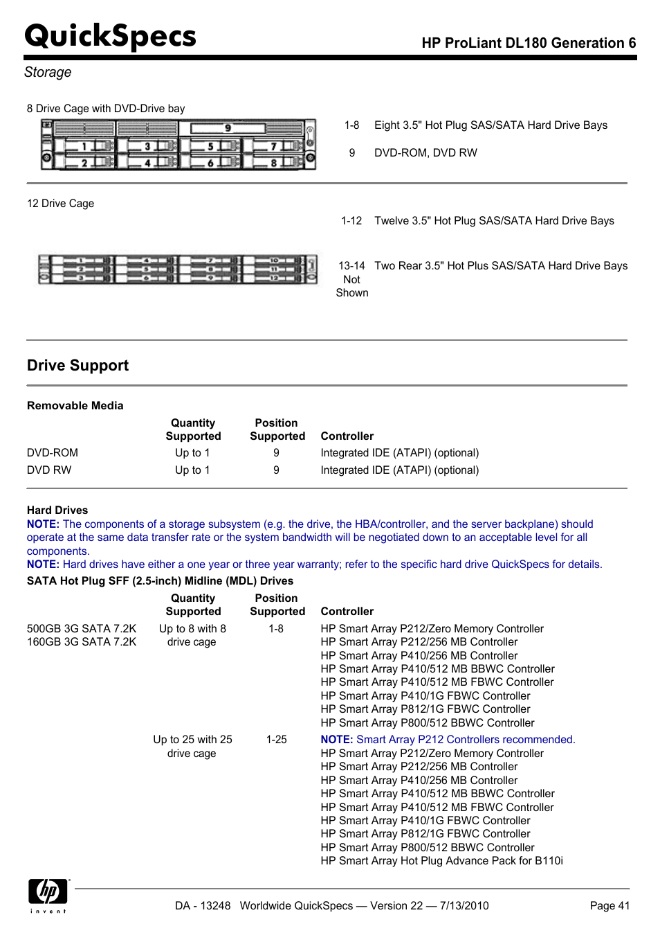 Storage, Quickspecs, Drive support | Hp proliant dl180 generation 6 storage | HP PROLIANT DL180 User Manual | Page 41 / 53