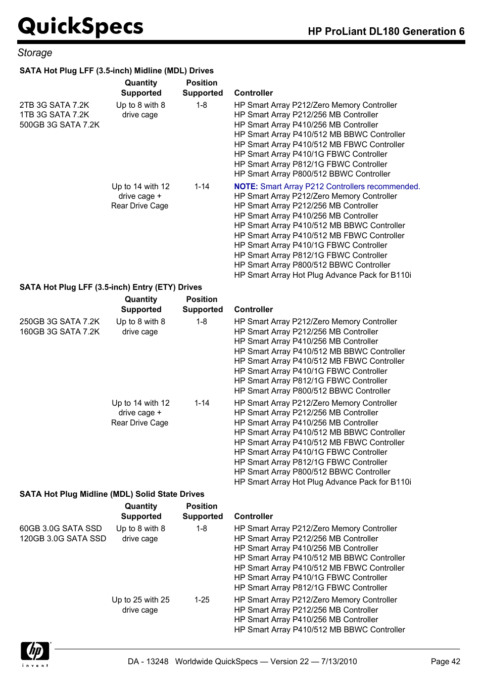 Quickspecs, Hp proliant dl180 generation 6 storage | HP PROLIANT DL180 User Manual | Page 42 / 53