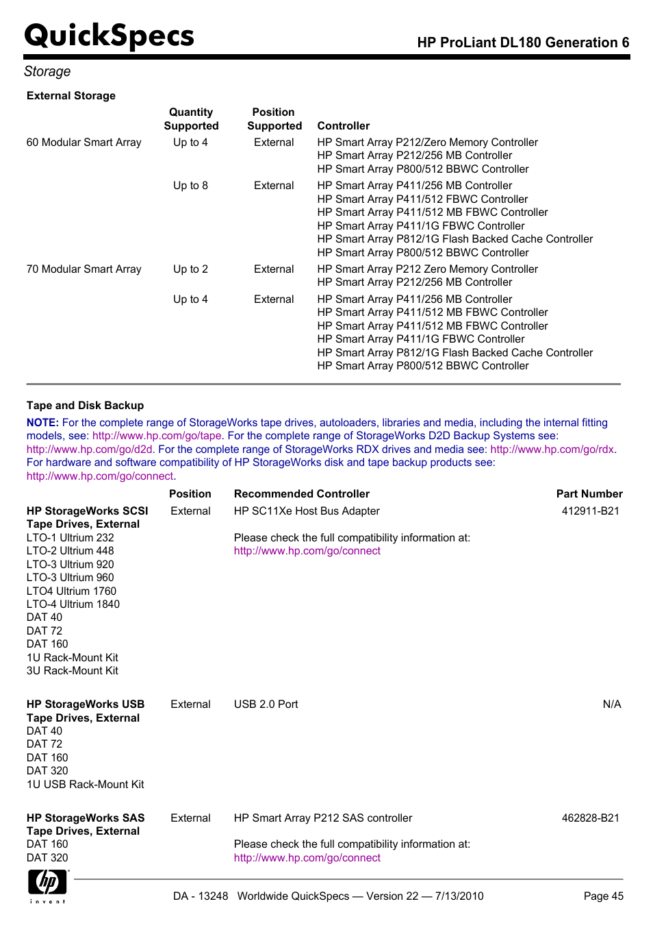 Quickspecs, Hp proliant dl180 generation 6 storage | HP PROLIANT DL180 User Manual | Page 45 / 53