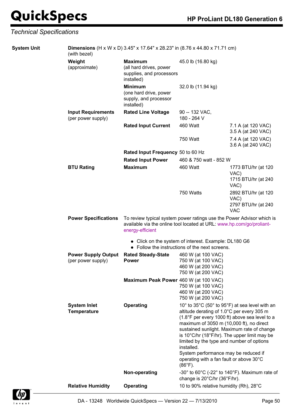 Technical specifications, Quickspecs | HP PROLIANT DL180 User Manual | Page 50 / 53