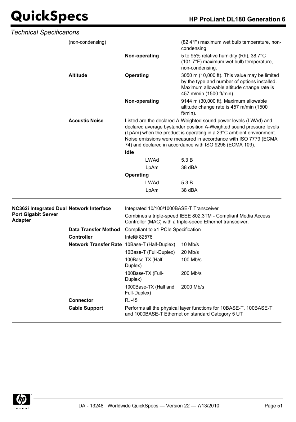 Quickspecs | HP PROLIANT DL180 User Manual | Page 51 / 53