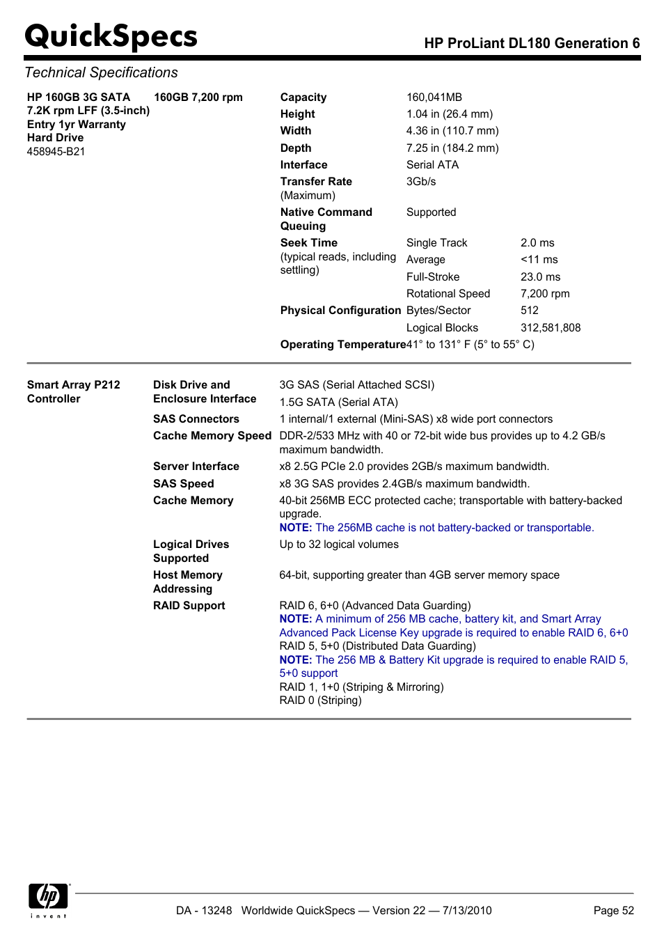 Quickspecs | HP PROLIANT DL180 User Manual | Page 52 / 53