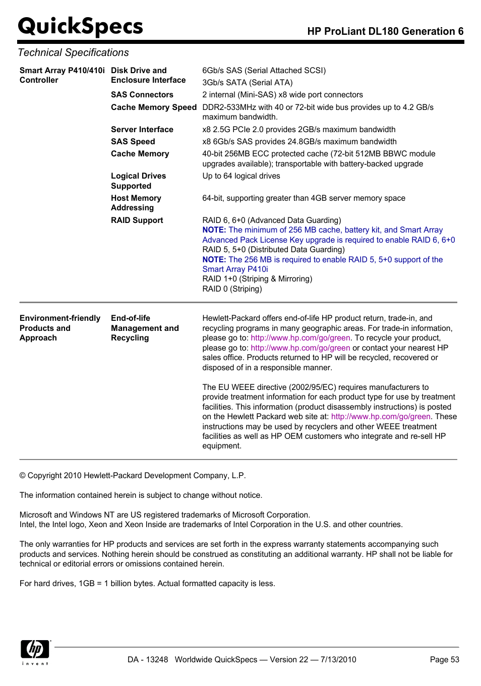 Quickspecs | HP PROLIANT DL180 User Manual | Page 53 / 53