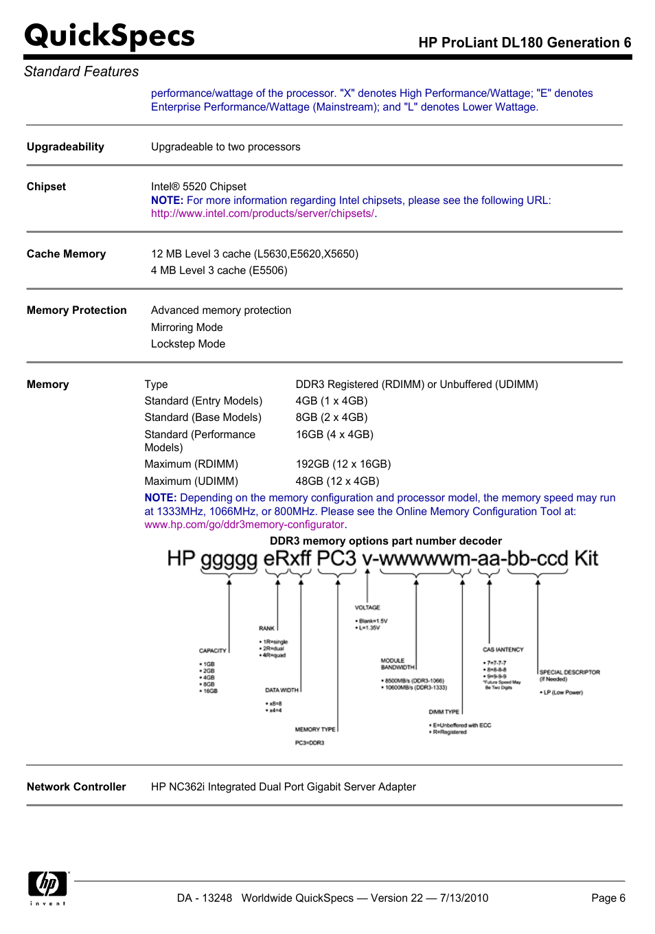 Quickspecs, Hp proliant dl180 generation 6 standard features | HP PROLIANT DL180 User Manual | Page 6 / 53