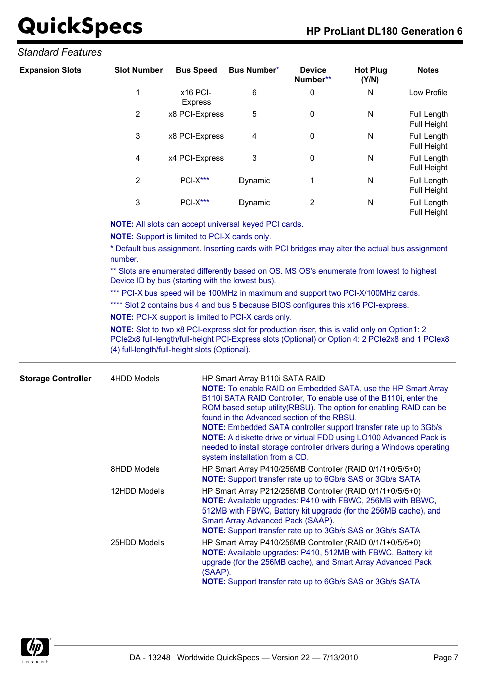 Quickspecs, Hp proliant dl180 generation 6 standard features | HP PROLIANT DL180 User Manual | Page 7 / 53