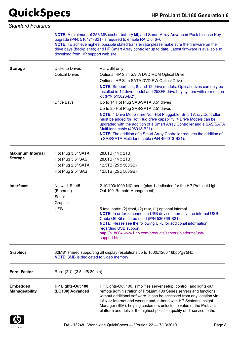 Quickspecs, Hp proliant dl180 generation 6 standard features | HP PROLIANT DL180 User Manual | Page 8 / 53