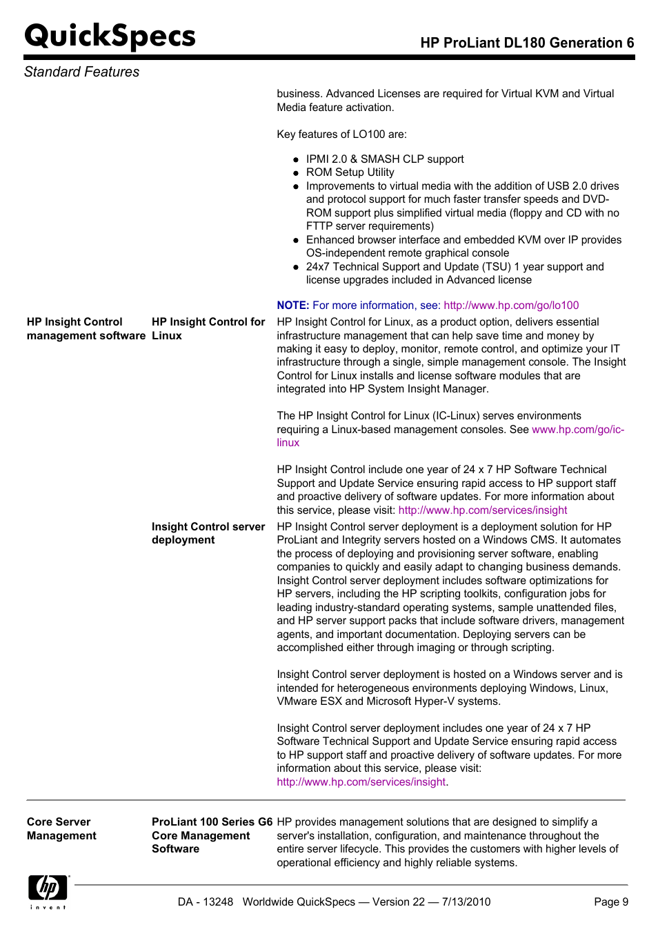 Quickspecs, Hp proliant dl180 generation 6 standard features | HP PROLIANT DL180 User Manual | Page 9 / 53