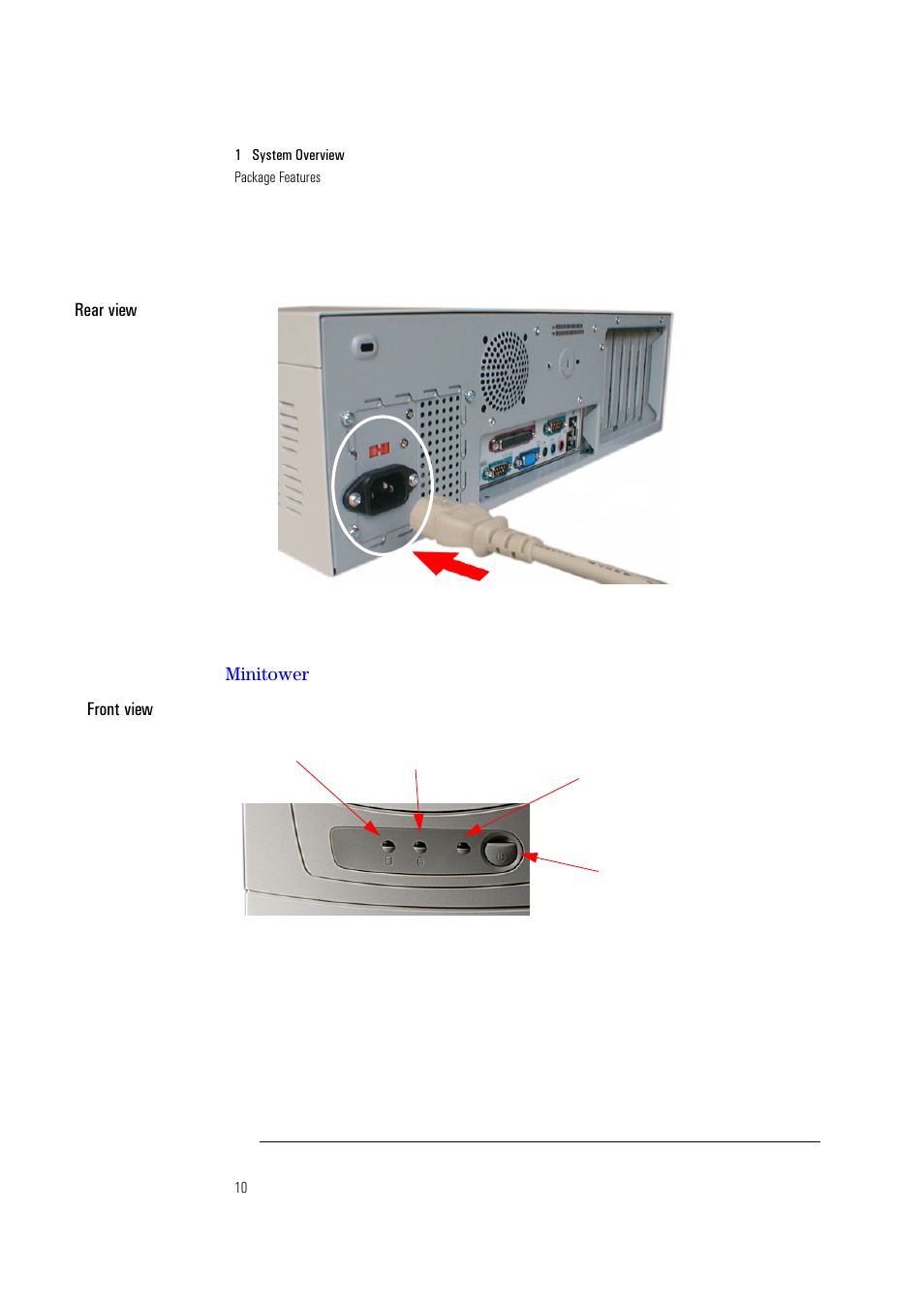 Minitower, Minitower rear view, Front view | HP Vectra VL400 User Manual | Page 10 / 64