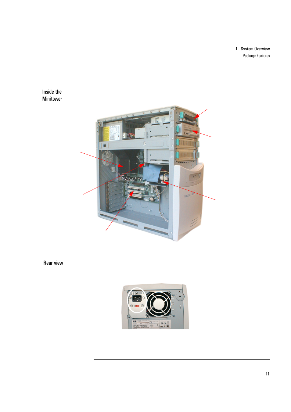 Inside the minitower, Rear view | HP Vectra VL400 User Manual | Page 11 / 64