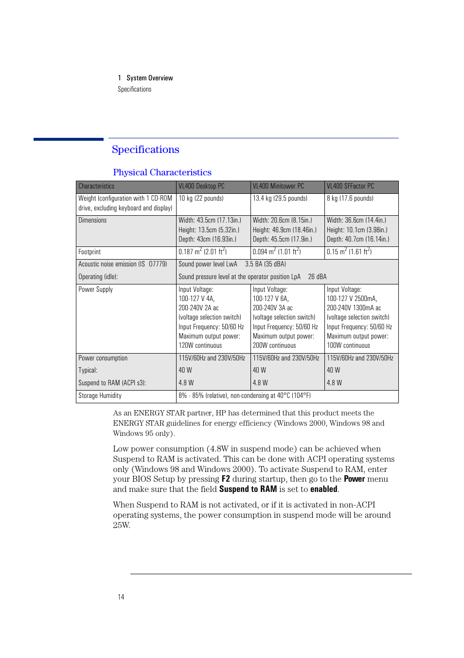 Specifications, Physical characteristics, Power | Suspend to ram, Enabled | HP Vectra VL400 User Manual | Page 14 / 64