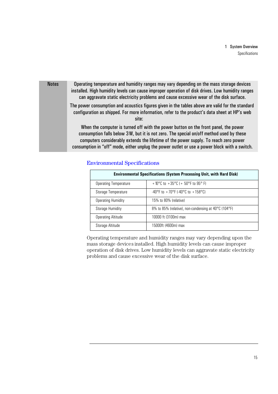 Environmental specifications | HP Vectra VL400 User Manual | Page 15 / 64