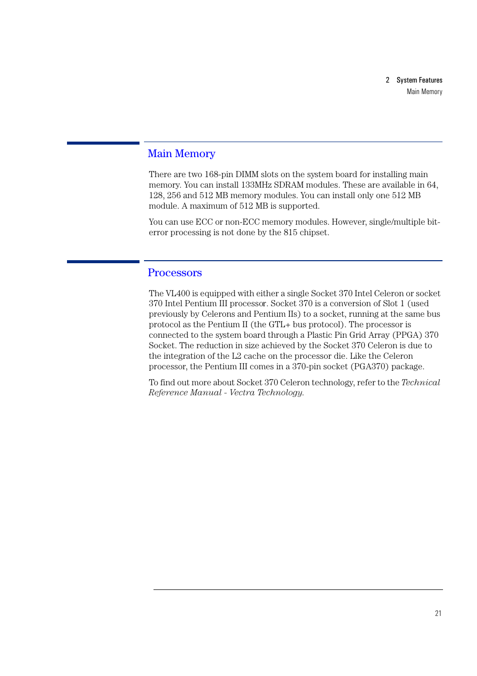 Main memory, Processors | HP Vectra VL400 User Manual | Page 21 / 64