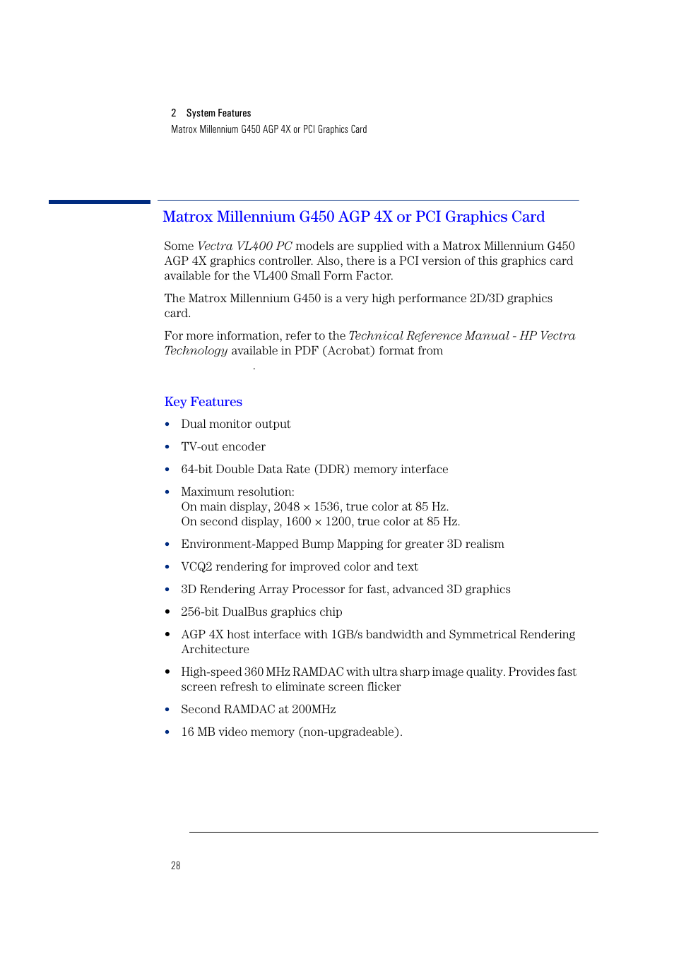 Matrox millennium g450 agp 4x or pci graphics card, Key features | HP Vectra VL400 User Manual | Page 28 / 64