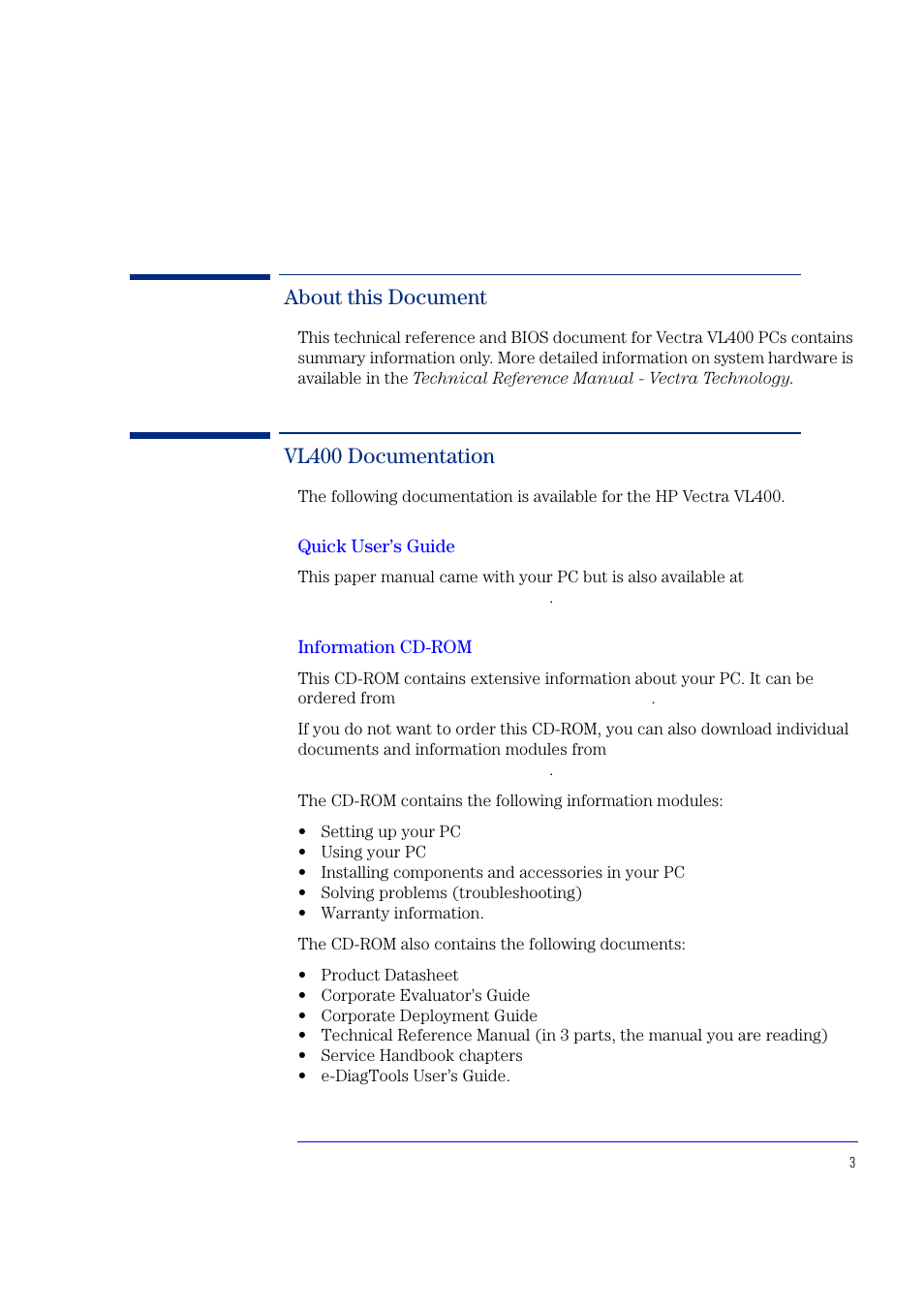 About this document, Vl400 documentation | HP Vectra VL400 User Manual | Page 3 / 64