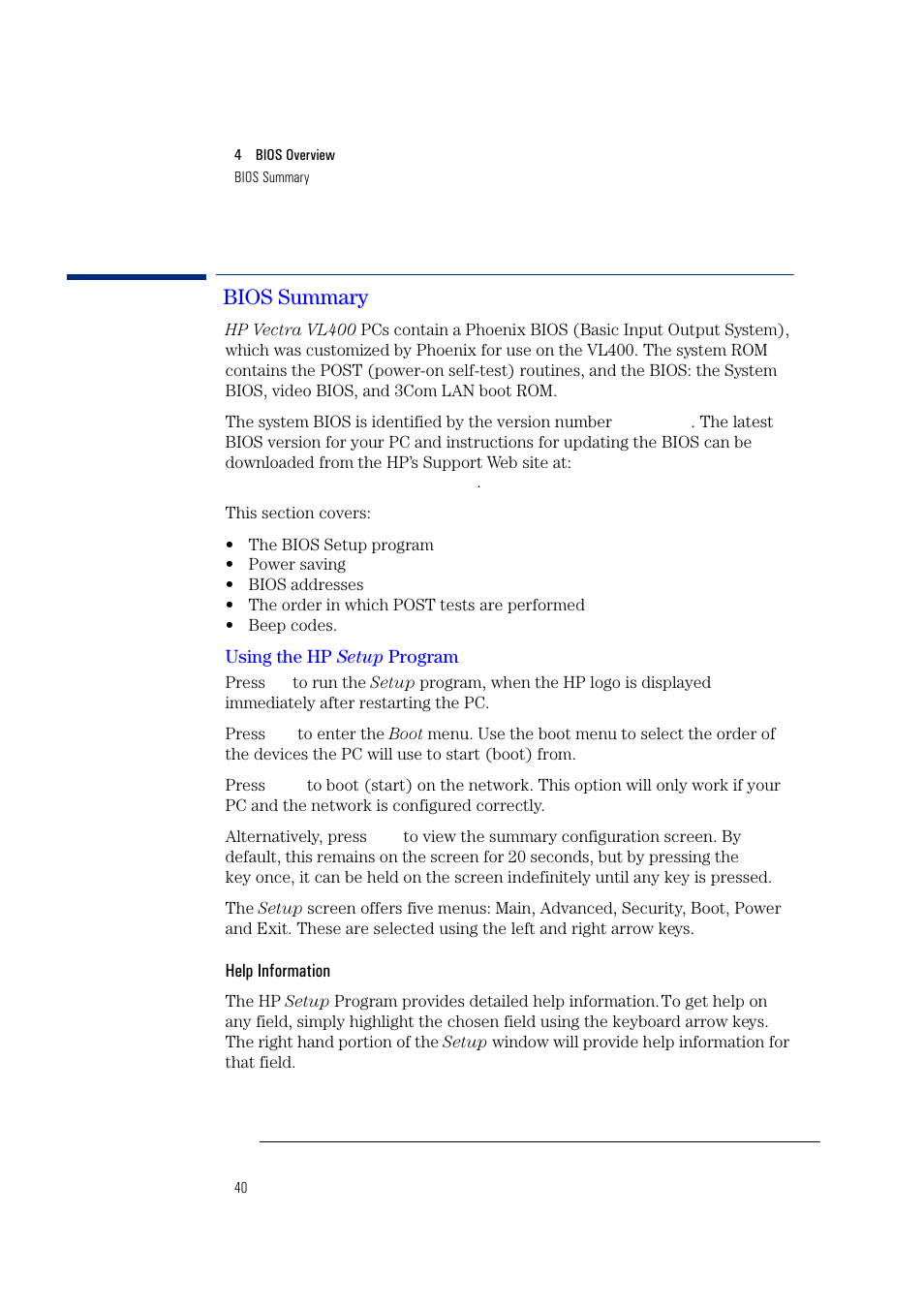 Bios summary, Using the hp setup program, Help information | HP Vectra VL400 User Manual | Page 40 / 64