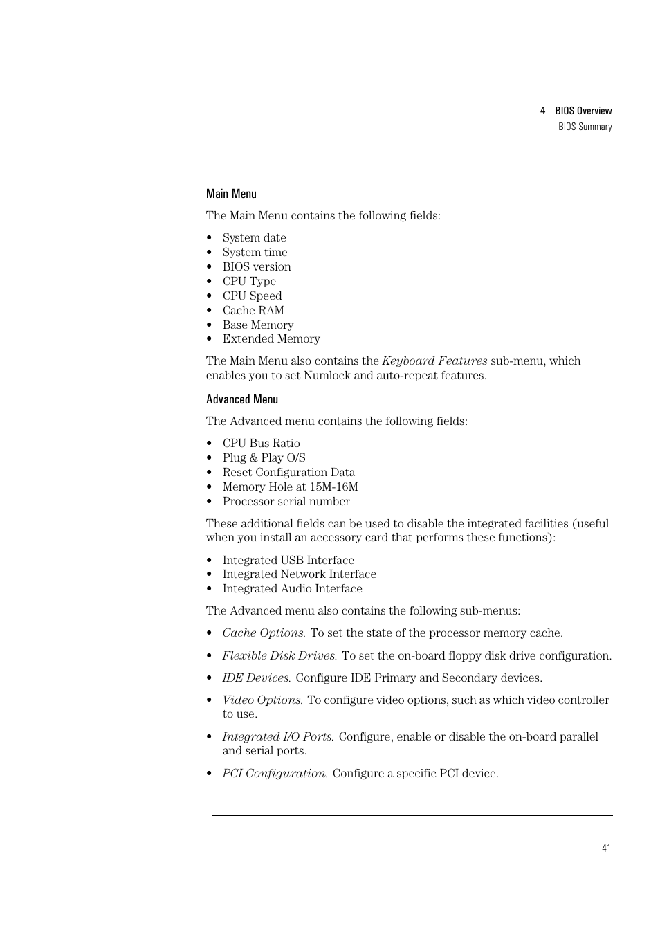 Main menu, Advanced menu | HP Vectra VL400 User Manual | Page 41 / 64