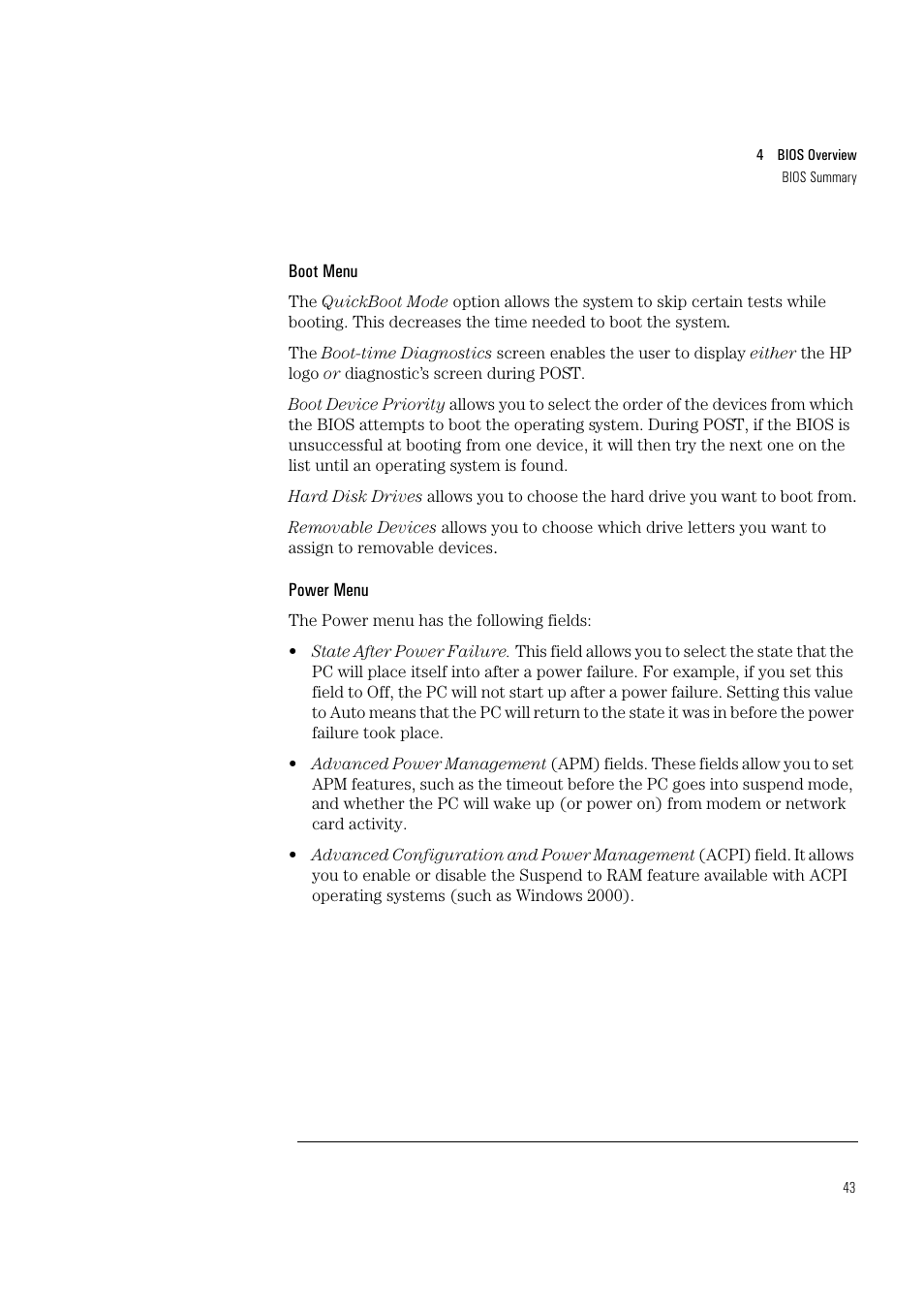 Boot menu, Power menu | HP Vectra VL400 User Manual | Page 43 / 64