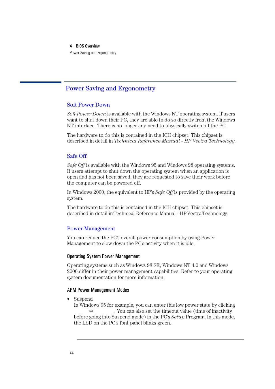 Power saving and ergonometry, Soft power down, Safe off | Power management, Operating system power management, Apm power management modes | HP Vectra VL400 User Manual | Page 44 / 64