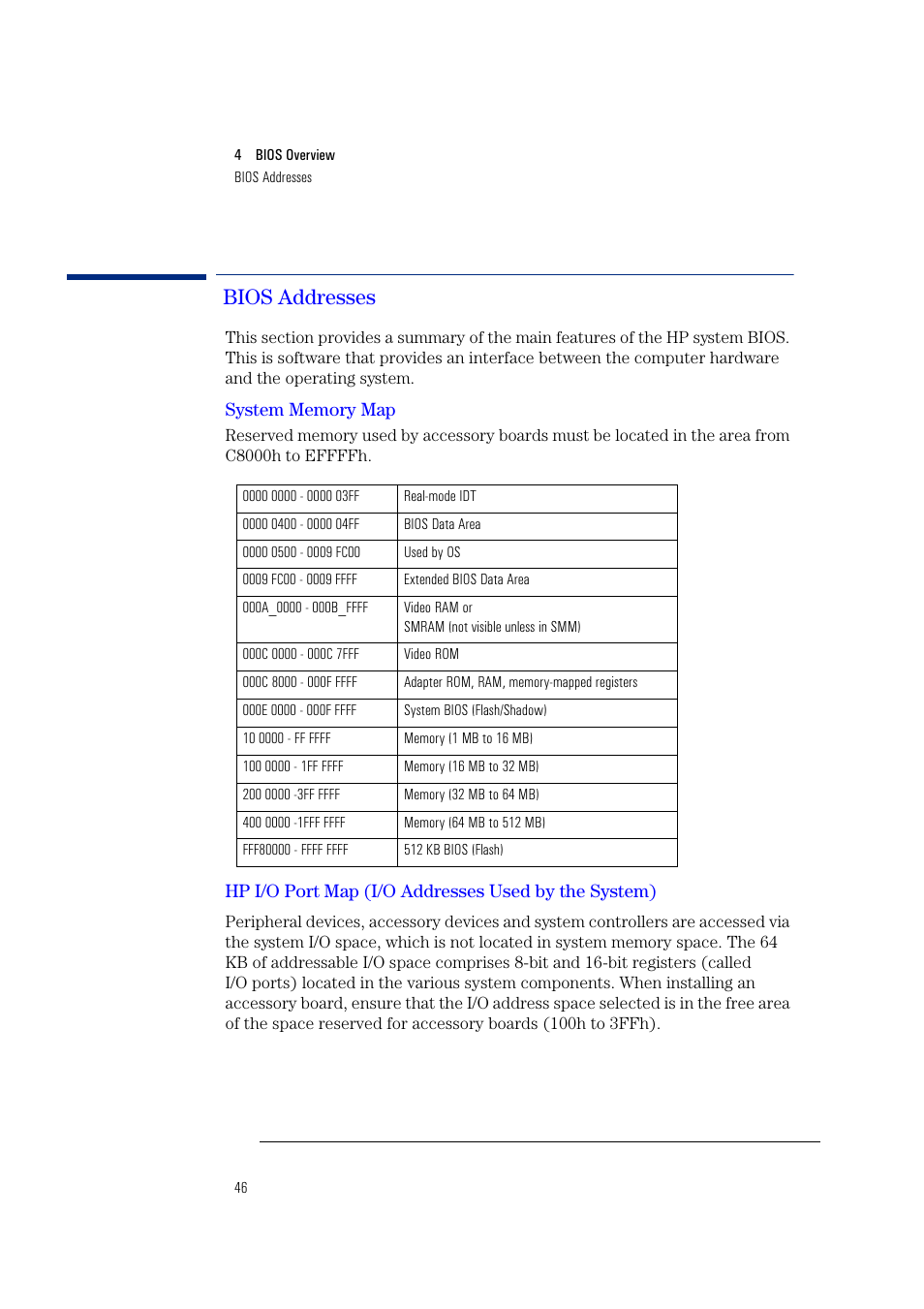 Bios addresses, System memory map, Hp i/o port map (i/o addresses used by the system) | HP Vectra VL400 User Manual | Page 46 / 64