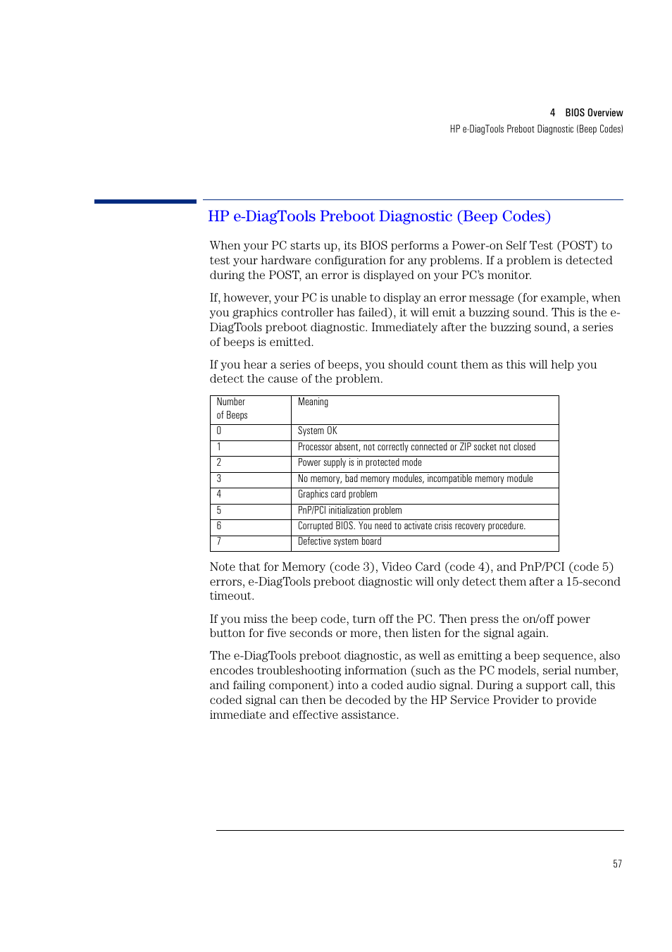 Hp e-diagtools preboot diagnostic (beep codes) | HP Vectra VL400 User Manual | Page 57 / 64