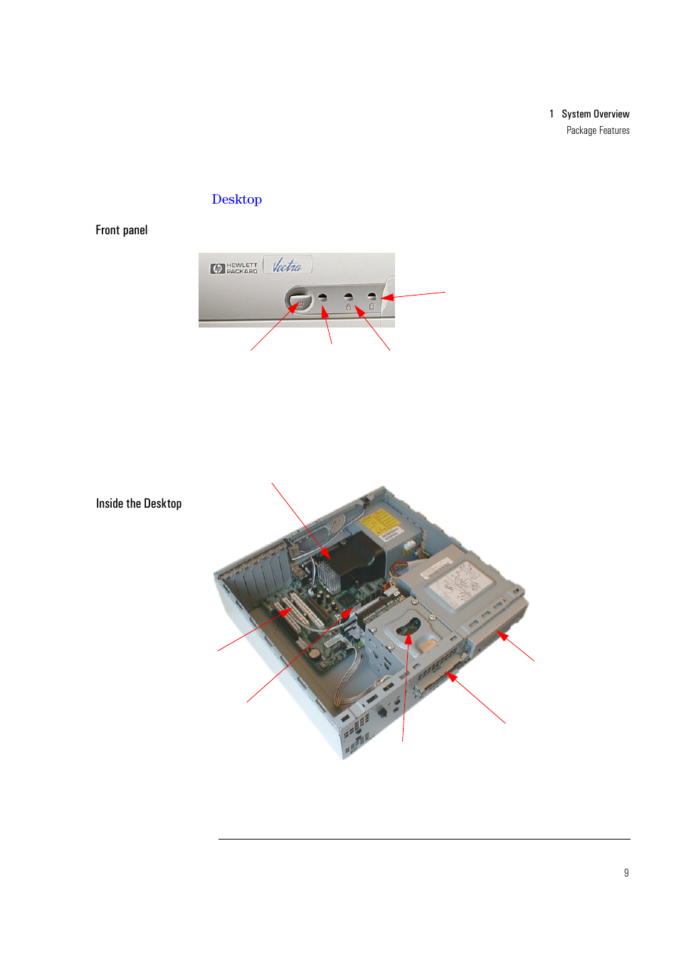 Desktop, Desktop front panel, Inside the desktop | HP Vectra VL400 User Manual | Page 9 / 64