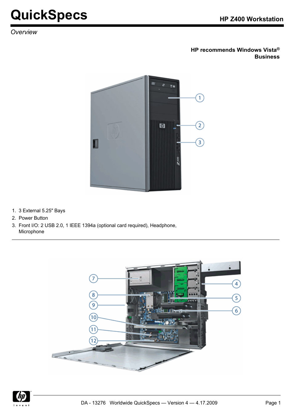 HP WORKSTATION Z400 User Manual | 53 pages