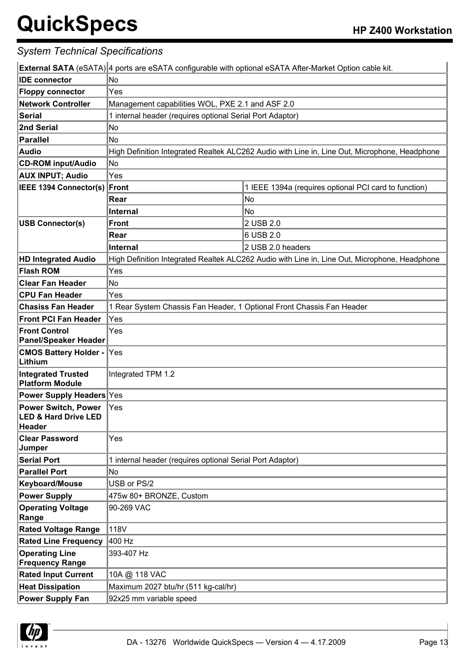 Quickspecs | HP WORKSTATION Z400 User Manual | Page 13 / 53