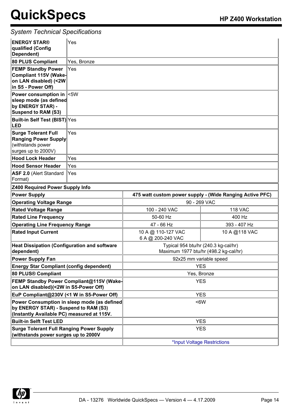 Quickspecs | HP WORKSTATION Z400 User Manual | Page 14 / 53