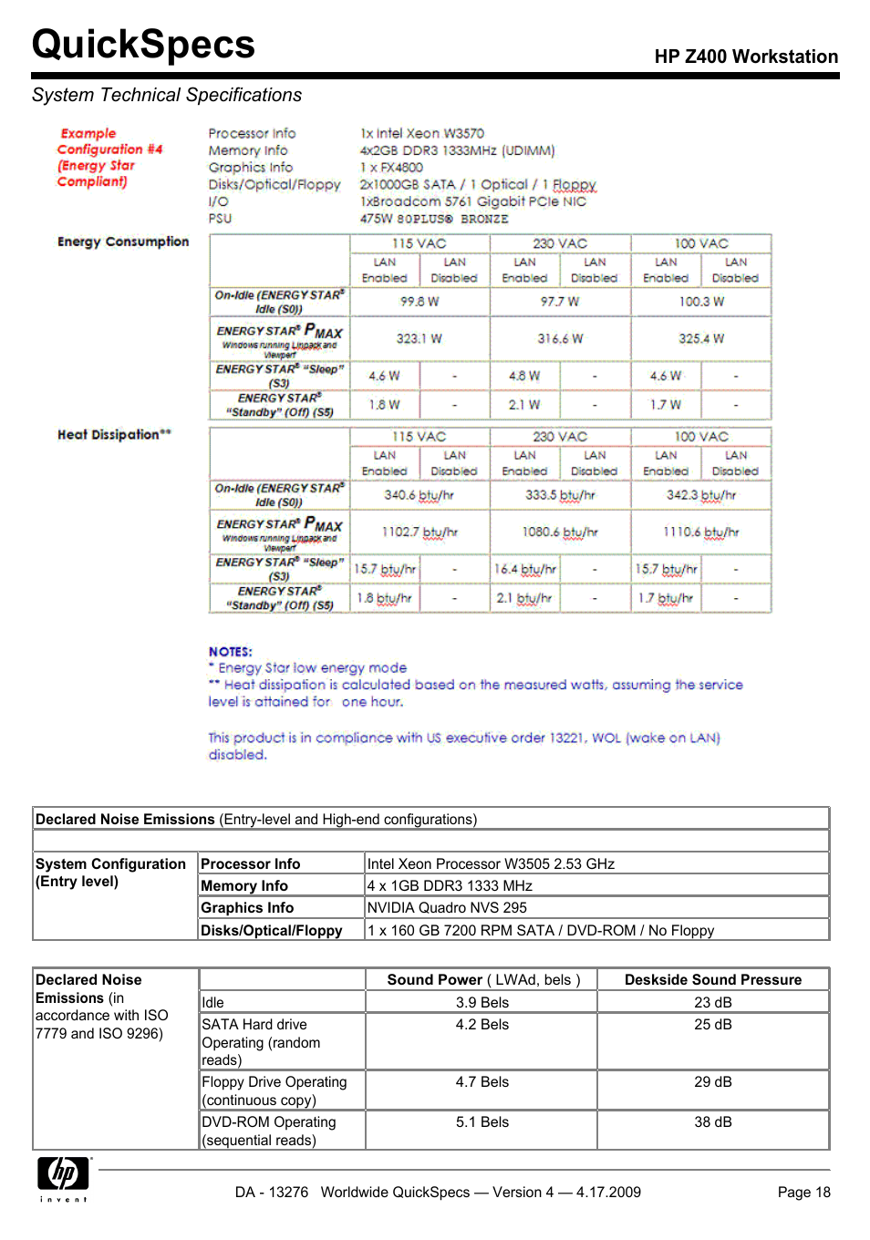 Quickspecs | HP WORKSTATION Z400 User Manual | Page 18 / 53