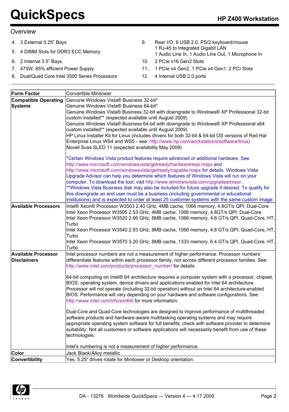 Quickspecs, Hp z400 workstation overview | HP WORKSTATION Z400 User Manual | Page 2 / 53