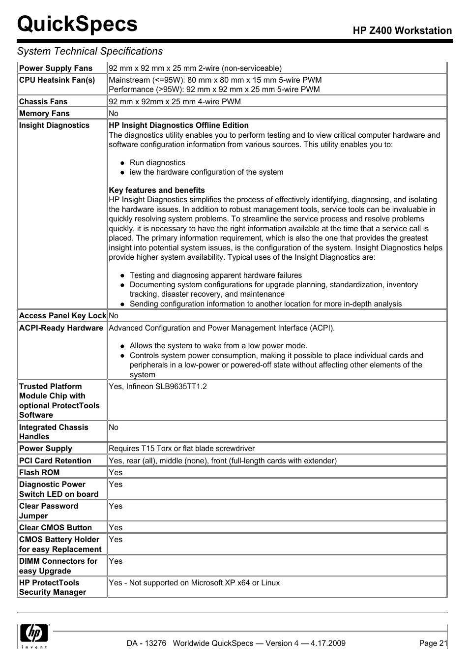 Quickspecs | HP WORKSTATION Z400 User Manual | Page 21 / 53