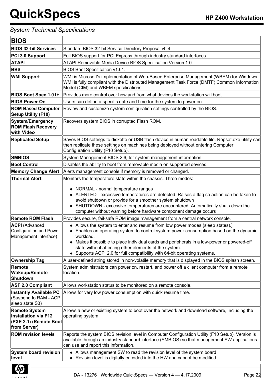Quickspecs, Bios | HP WORKSTATION Z400 User Manual | Page 22 / 53