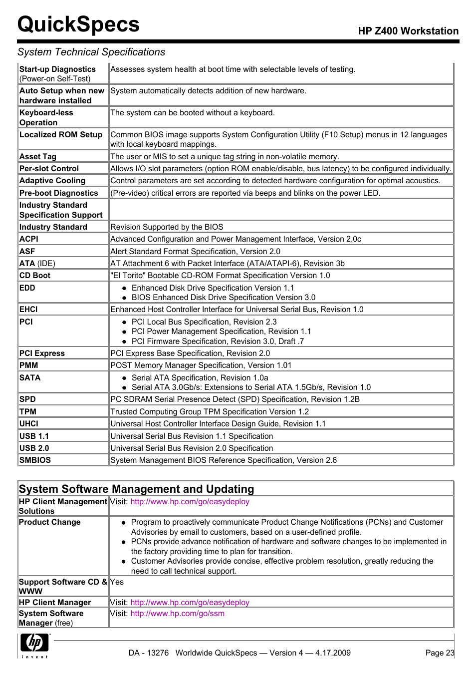 Quickspecs, System software management and updating | HP WORKSTATION Z400 User Manual | Page 23 / 53