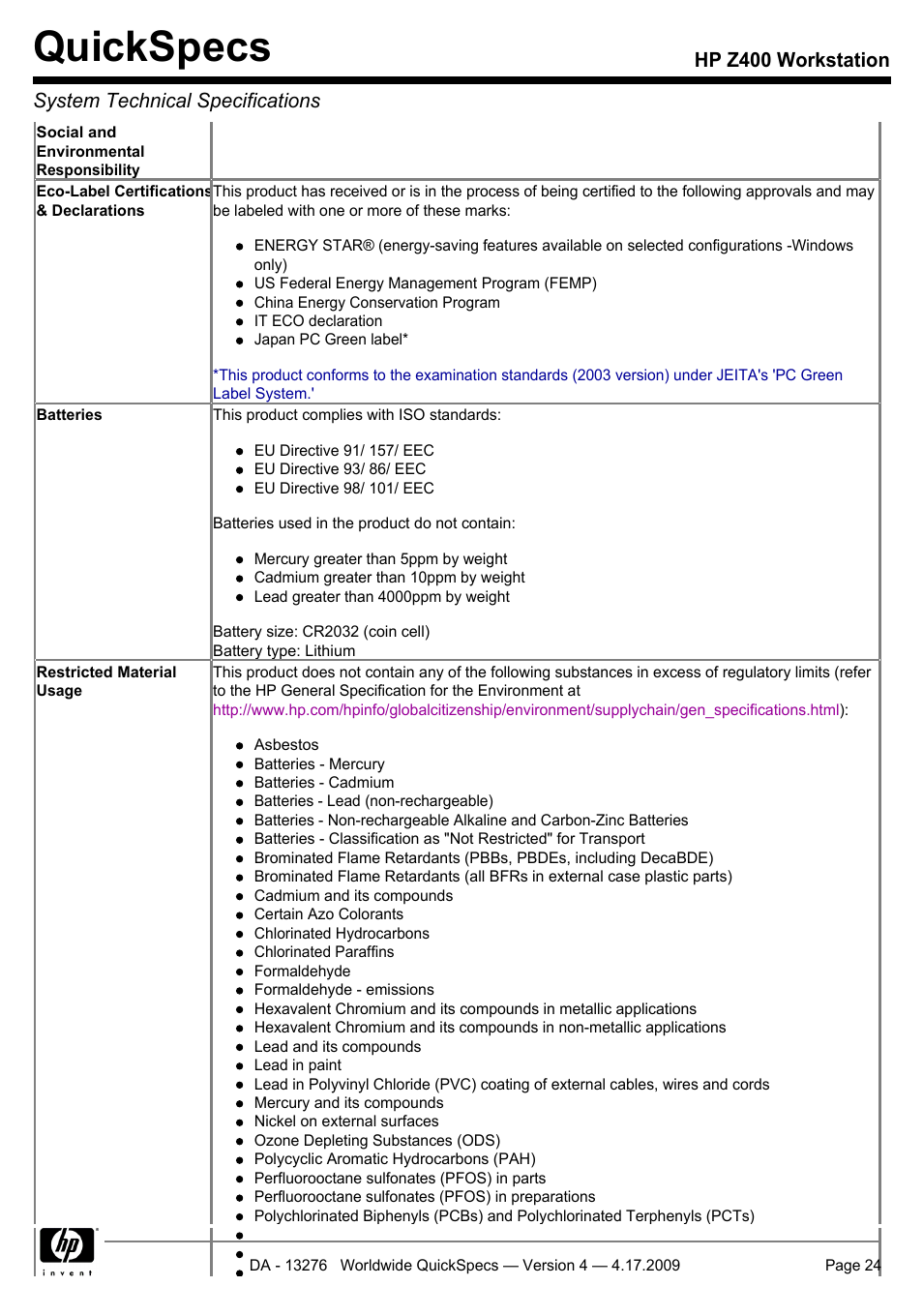 Quickspecs | HP WORKSTATION Z400 User Manual | Page 24 / 53