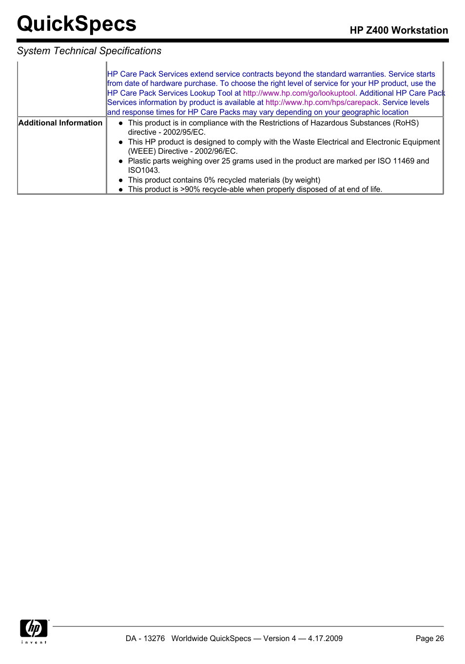 Quickspecs | HP WORKSTATION Z400 User Manual | Page 26 / 53