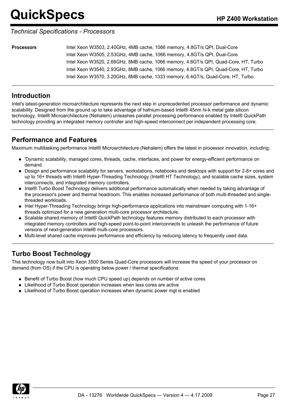 Technical specifications - processors, Quickspecs | HP WORKSTATION Z400 User Manual | Page 27 / 53