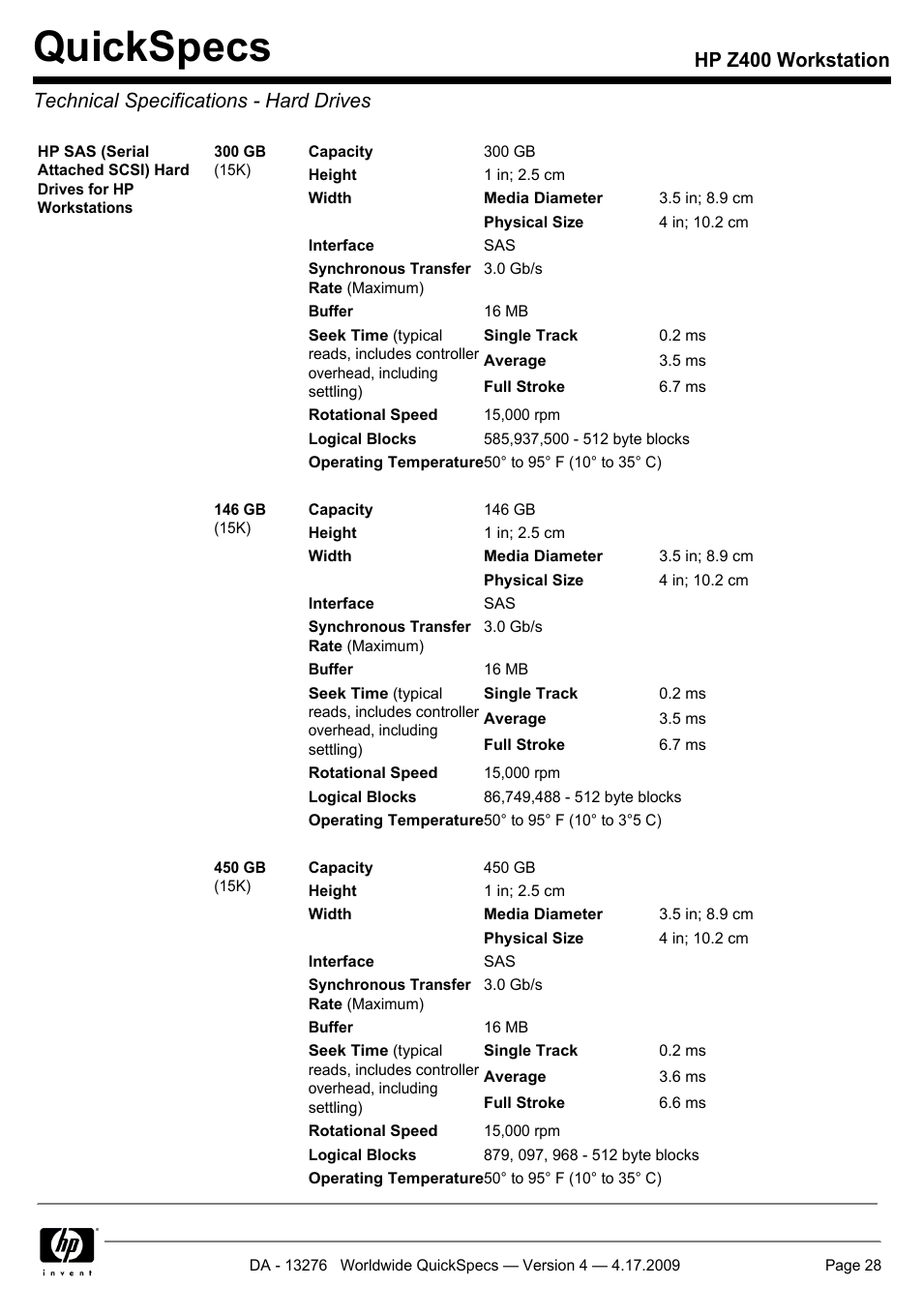 Technical specifications - hard drives, Quickspecs | HP WORKSTATION Z400 User Manual | Page 28 / 53