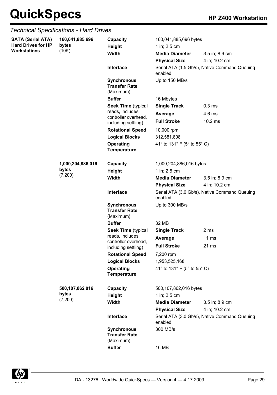 Quickspecs | HP WORKSTATION Z400 User Manual | Page 29 / 53
