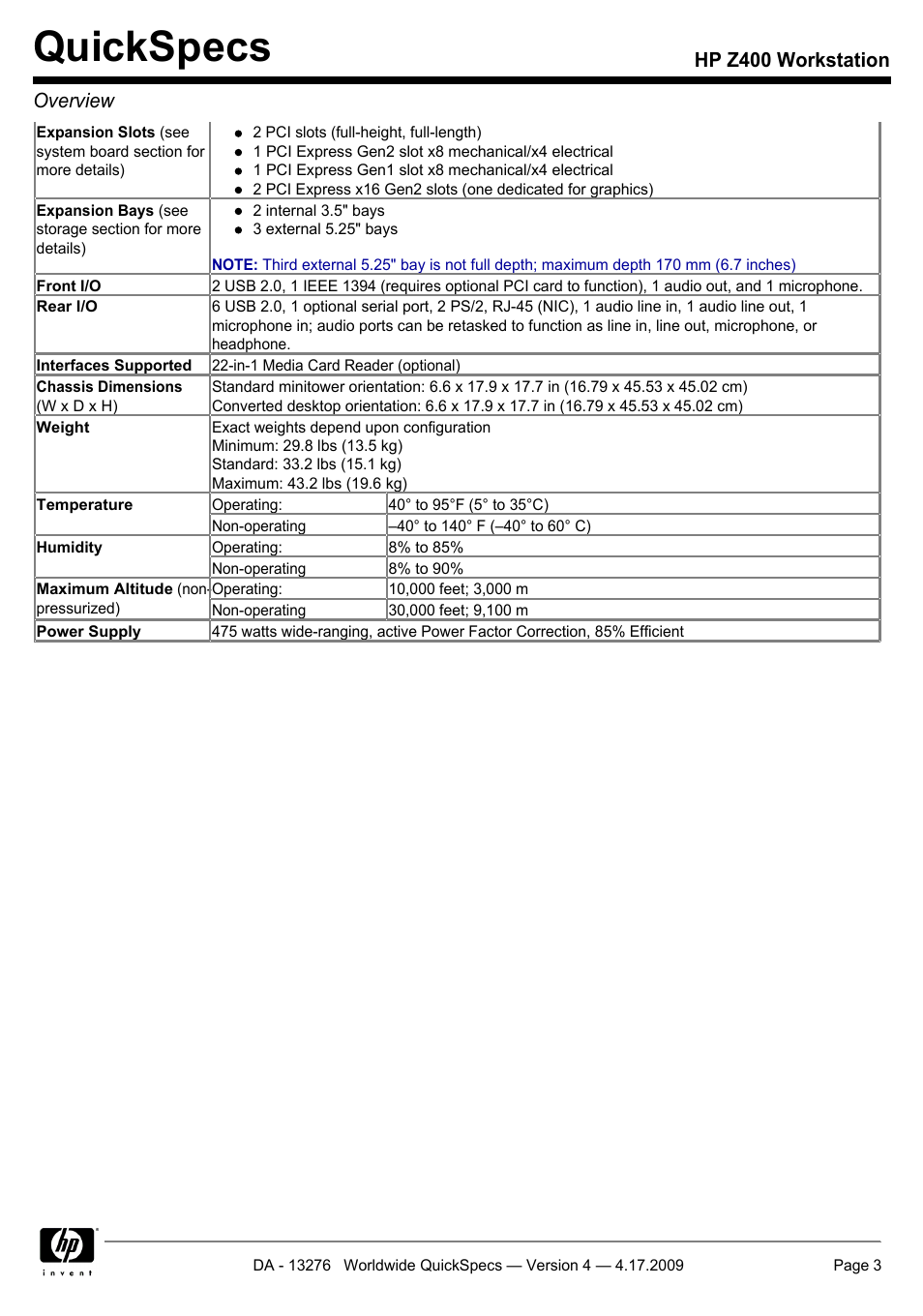 Quickspecs, Hp z400 workstation overview | HP WORKSTATION Z400 User Manual | Page 3 / 53