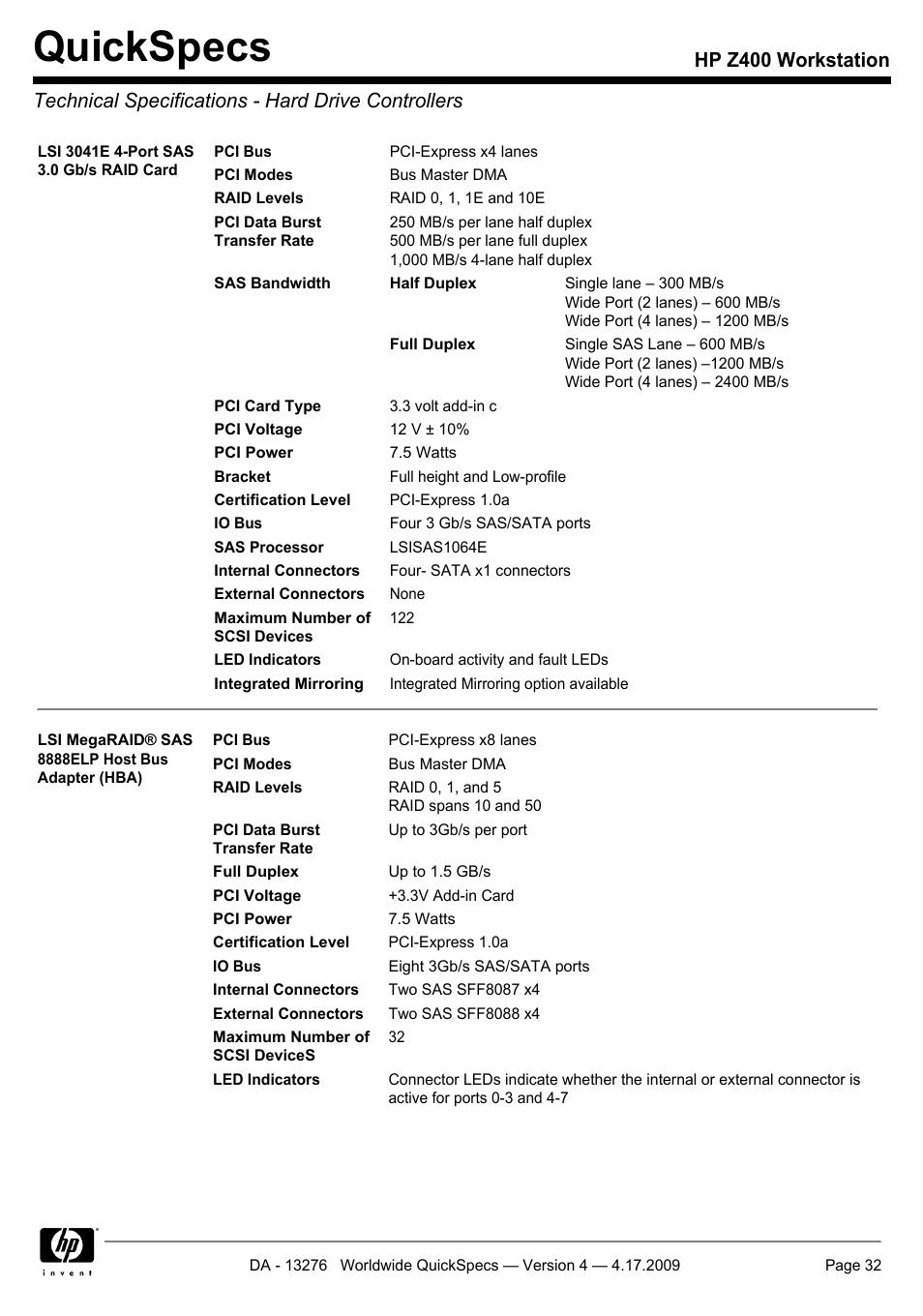 Technical specifications - hard drive controllers, Quickspecs | HP WORKSTATION Z400 User Manual | Page 32 / 53