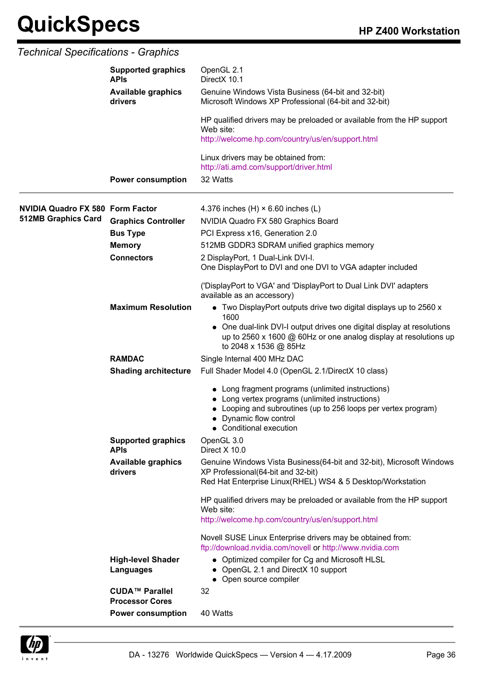 Quickspecs | HP WORKSTATION Z400 User Manual | Page 36 / 53