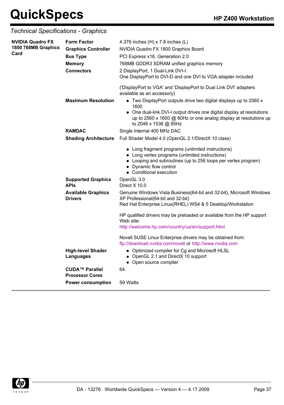 Quickspecs | HP WORKSTATION Z400 User Manual | Page 37 / 53