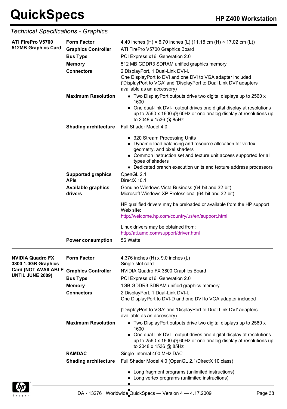 Quickspecs | HP WORKSTATION Z400 User Manual | Page 38 / 53