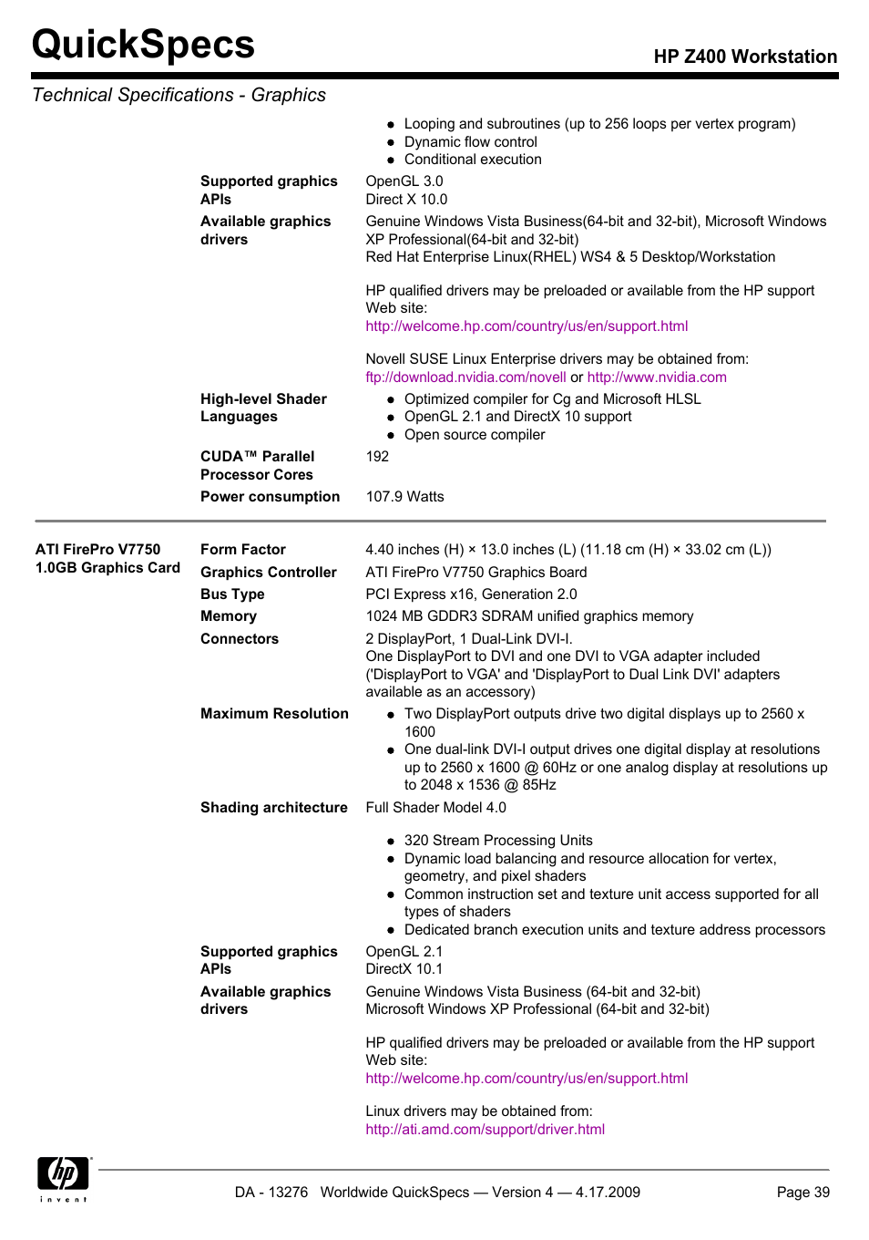 Quickspecs | HP WORKSTATION Z400 User Manual | Page 39 / 53