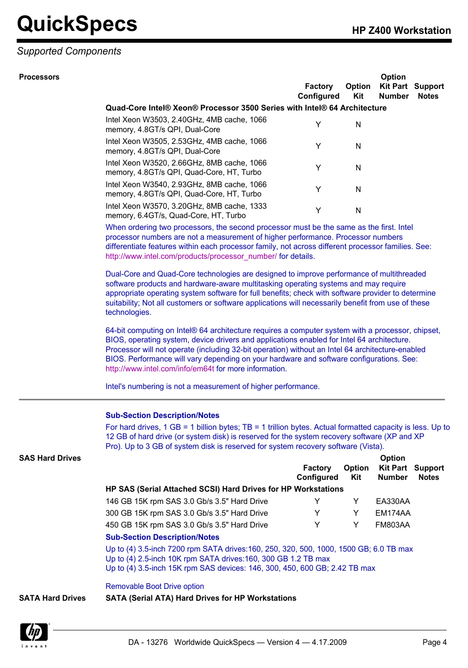 Supported components, Quickspecs, Hp z400 workstation supported components | HP WORKSTATION Z400 User Manual | Page 4 / 53