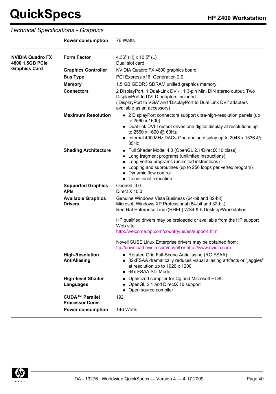 Quickspecs | HP WORKSTATION Z400 User Manual | Page 40 / 53