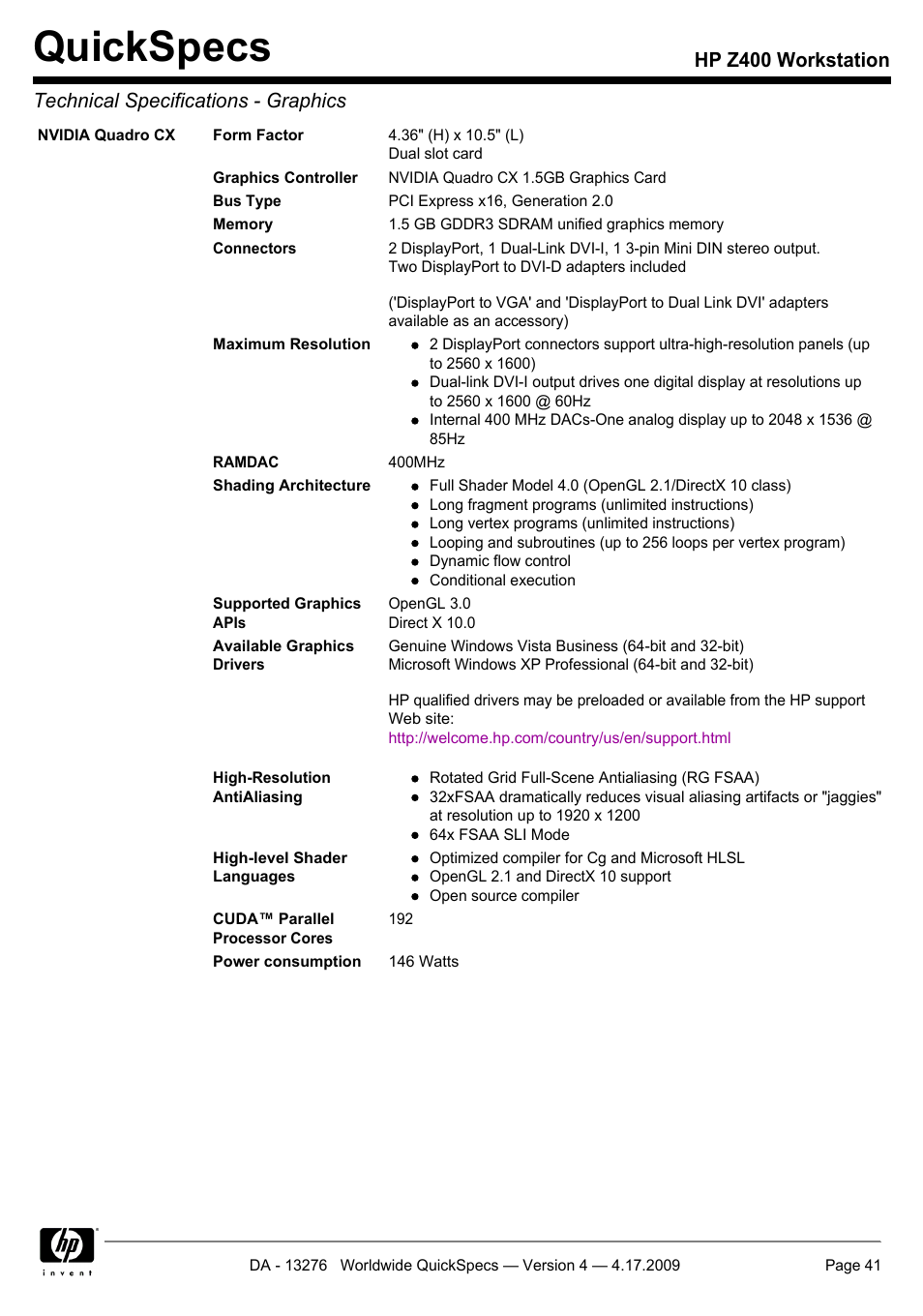 Quickspecs | HP WORKSTATION Z400 User Manual | Page 41 / 53