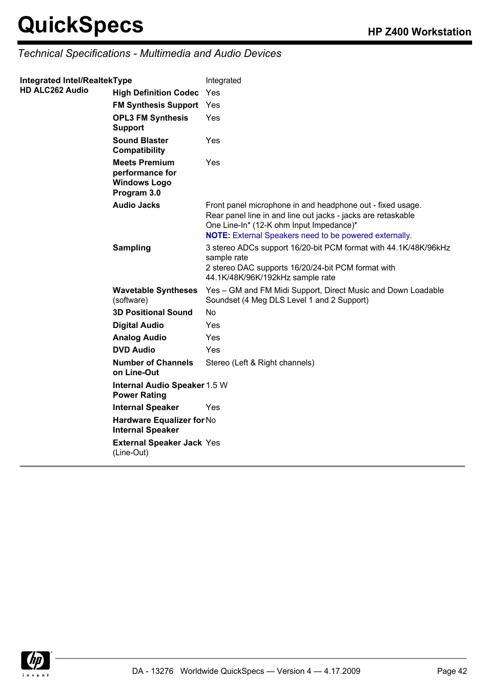Quickspecs | HP WORKSTATION Z400 User Manual | Page 42 / 53