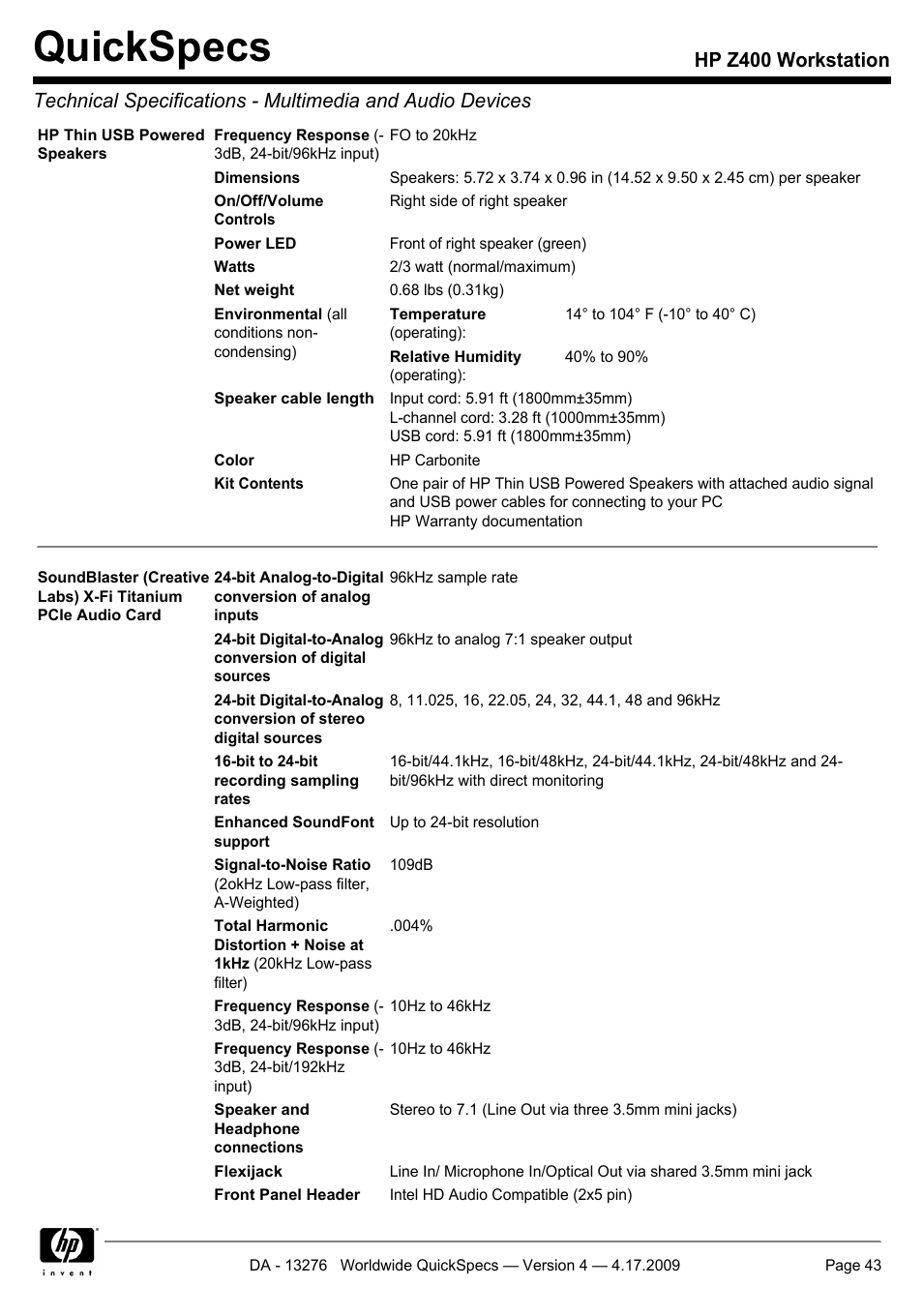 Quickspecs | HP WORKSTATION Z400 User Manual | Page 43 / 53